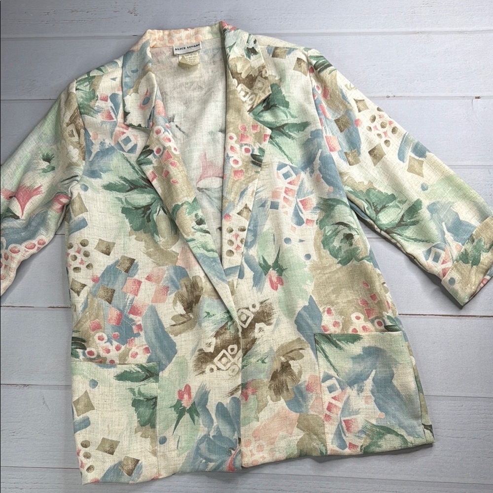 Alice Stuart Vintage Floral Print Blazer Shoulder Pads 3/4 Sleeves Size Small